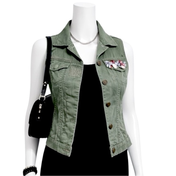Dolled Up Jackets & Blazers - Dolled Up Army Fatigue Green Rhinestone Pocketed Vest